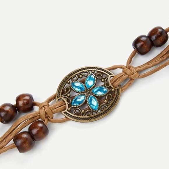 Boho Braided 5 Leaf Rhinestone Blue And Brown Beaded Woven Soft Tie Belt D0500 - Picture 3 of 12